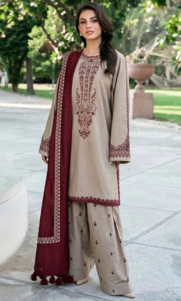 3 Pcs women’s unstitched Dhanak embroidered suit