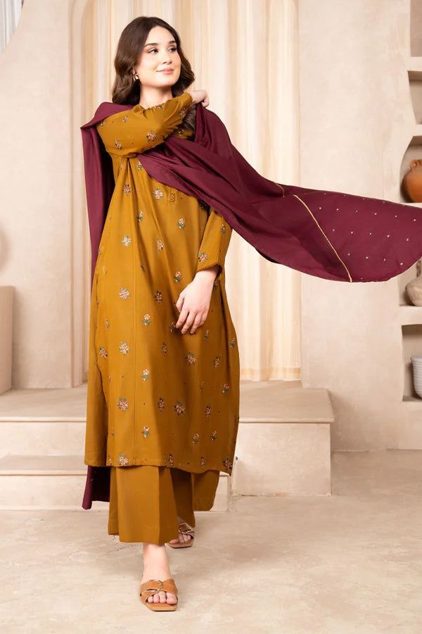 3 Pcs women’s unstitched Dhanak embroidered suit