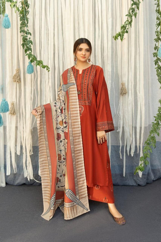 3 Pcs women’s unstitched Dhanak embroidered suit