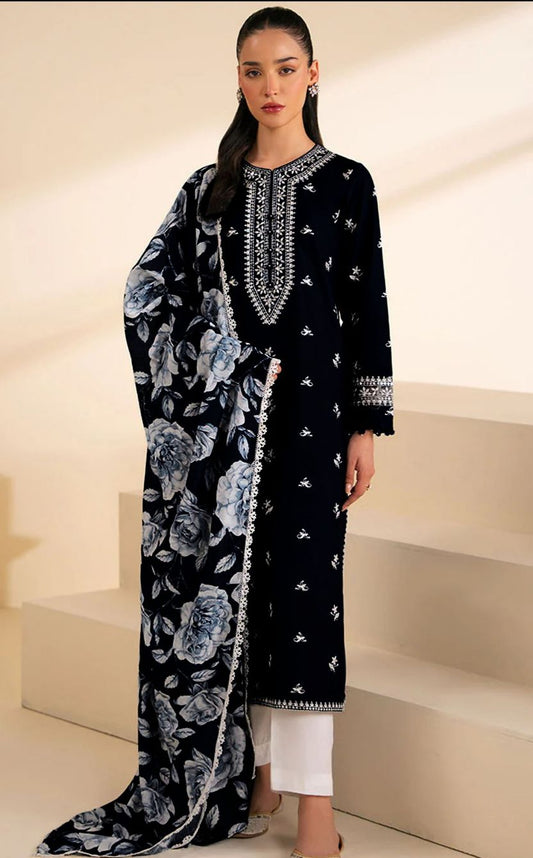 3 Pcs women’s unstitched Dhanak embroidered suit