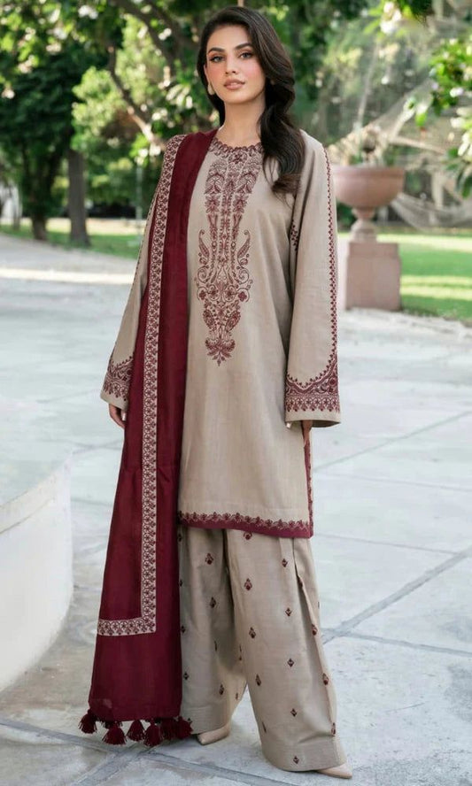 3 Pcs women’s unstitched Dhanak embroidered suit